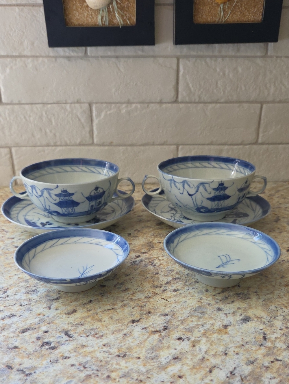 Antique Blue And White Chinese Export Canton Ware Cups, Saucers And Small Bowls